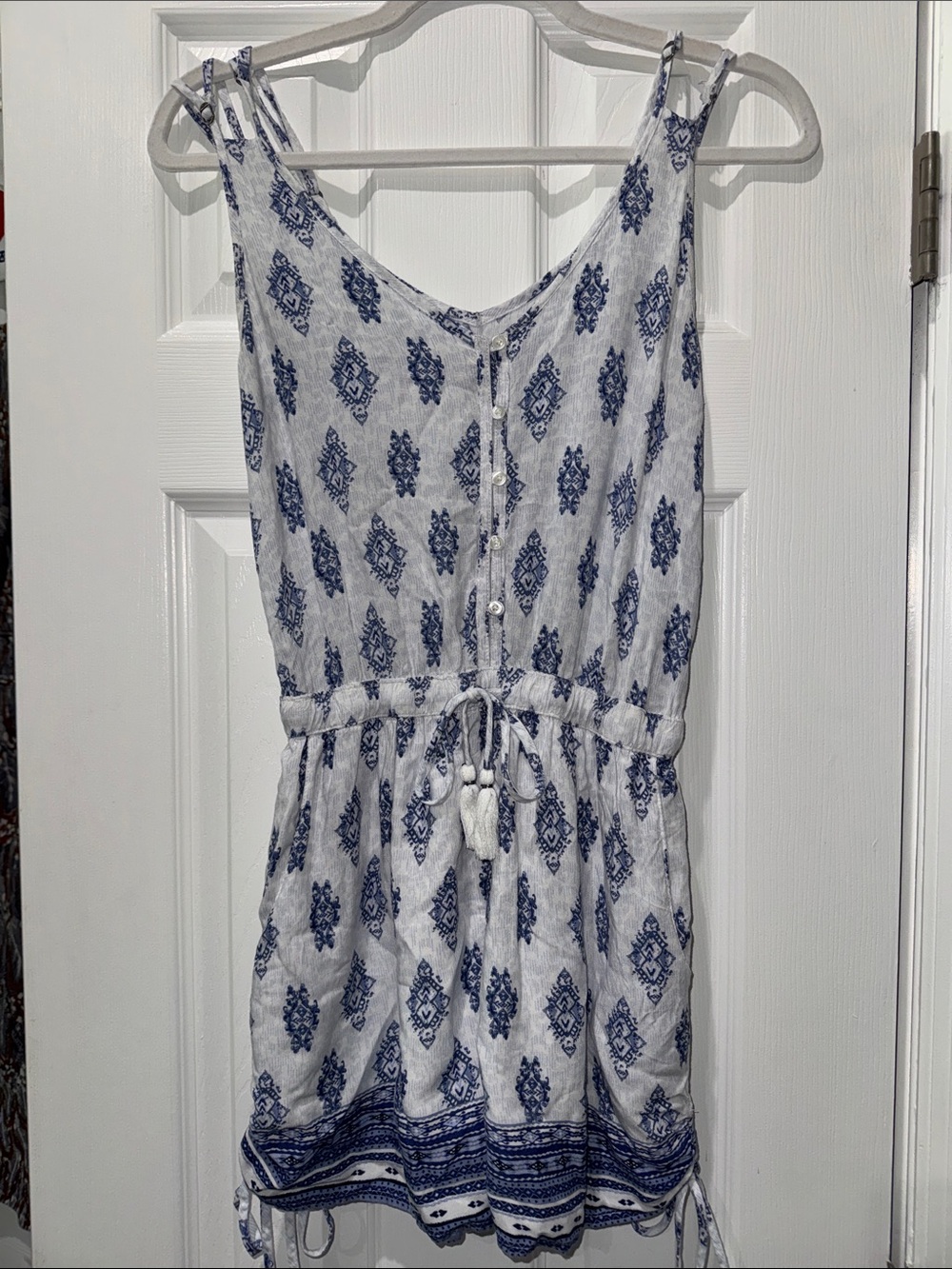Hollister White and Blue Printed Button Romper